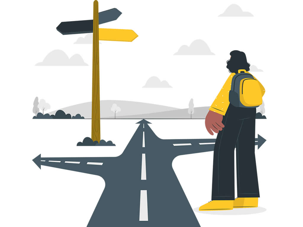 Illustration av en person med ryggsäck som står vid ett vägskäl med skyltar som pekar i olika riktningar, vilket symboliserar val eller beslut.